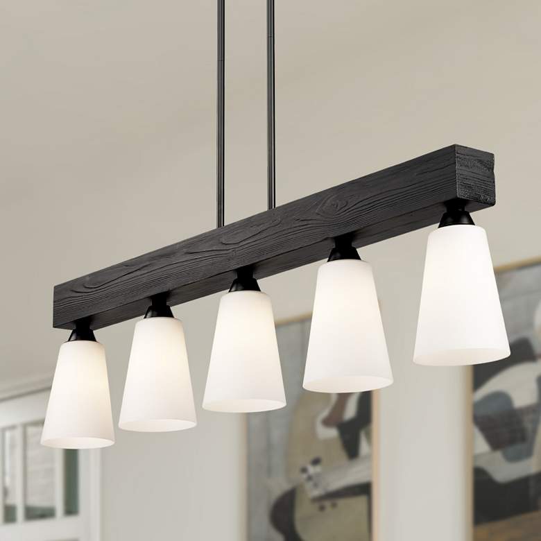 Image 1 Neela 41.625" Wide 5-Light Matte Black Linear Pendant with Opal Glass