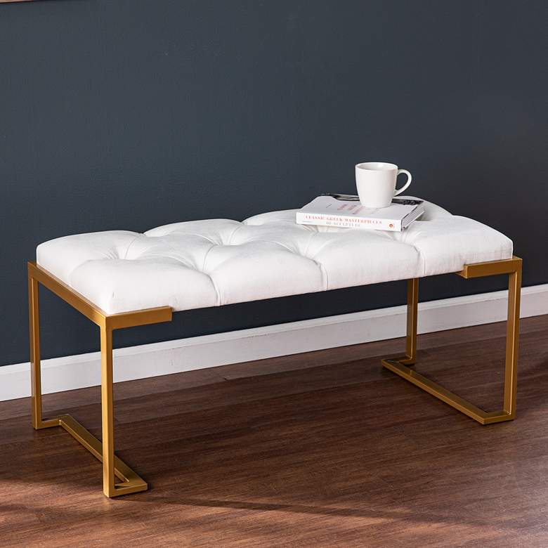 Image 1 Neelana 40 1/2" Wide Modern White Velvet Fabric Banquette Bench