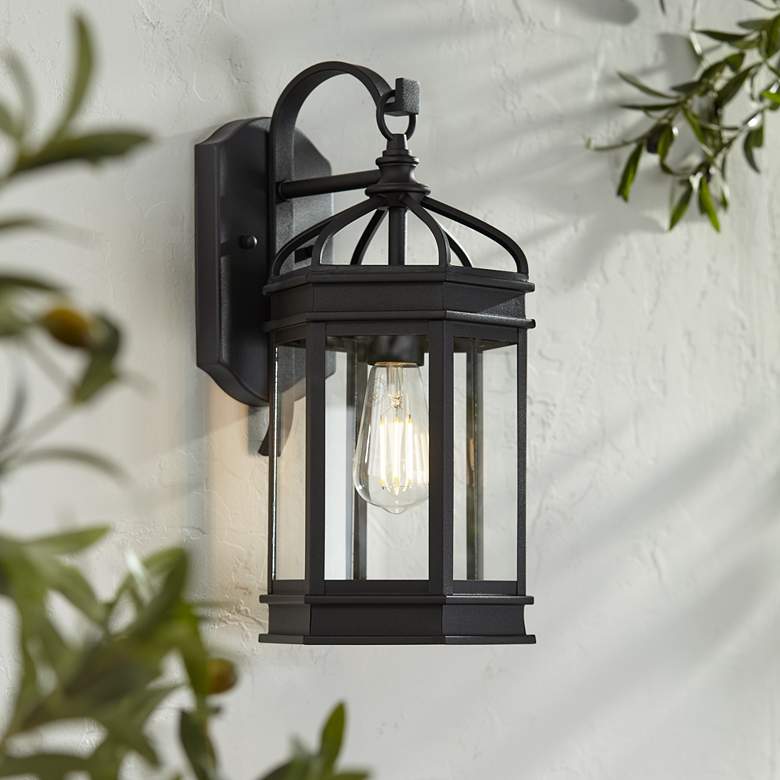 Image 1 Nelli 15 3/4"H Textured Black Lantern Outdoor Wall Light