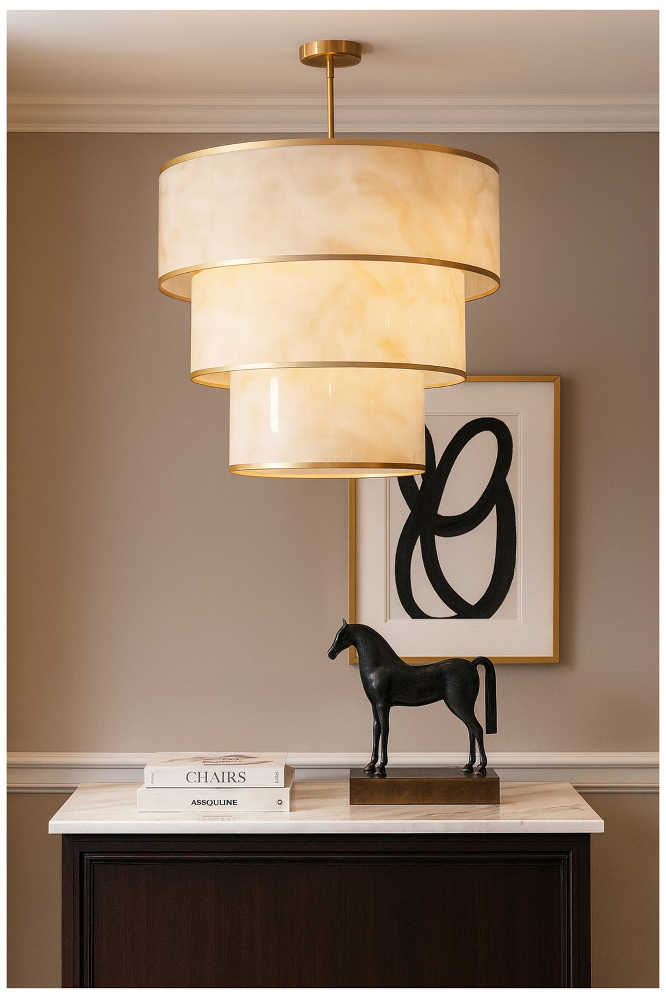 Image 4 Nena 30" Wide 9-Light Faux Alabaster, Aged Brass Pendant more views