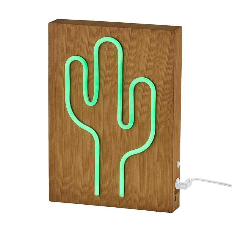 Image 3 Neon 9" High Wood Framed Cactus LED Accent Table Lamp