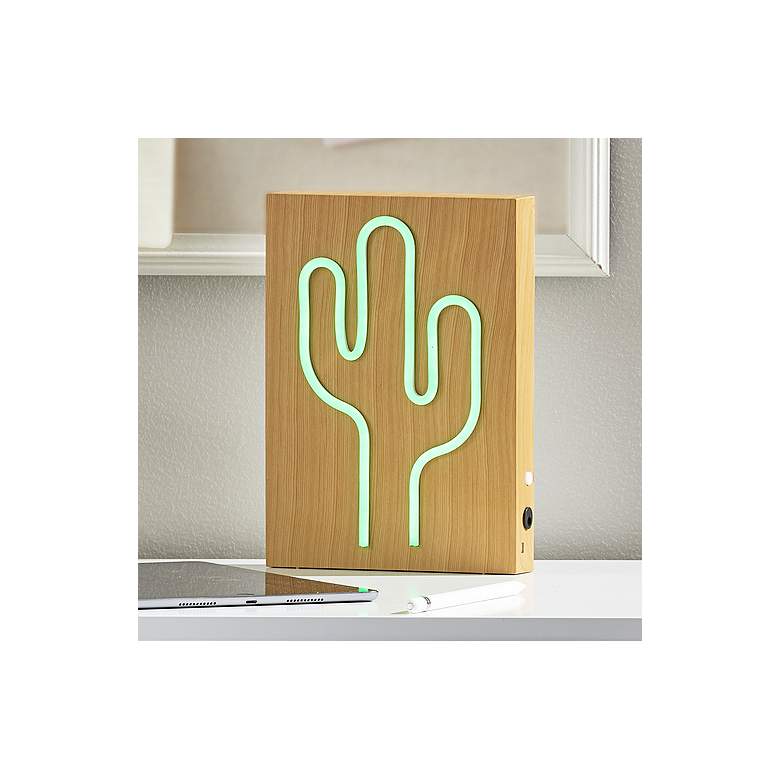 Image 2 Neon 9" High Wood Framed Cactus LED Accent Table Lamp
