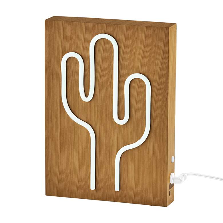 Image 5 Neon 9" High Wood Framed Cactus LED Accent Table Lamp more views