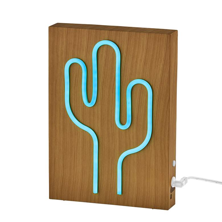 Image 7 Neon 9" High Wood Framed Cactus LED Accent Table Lamp more views