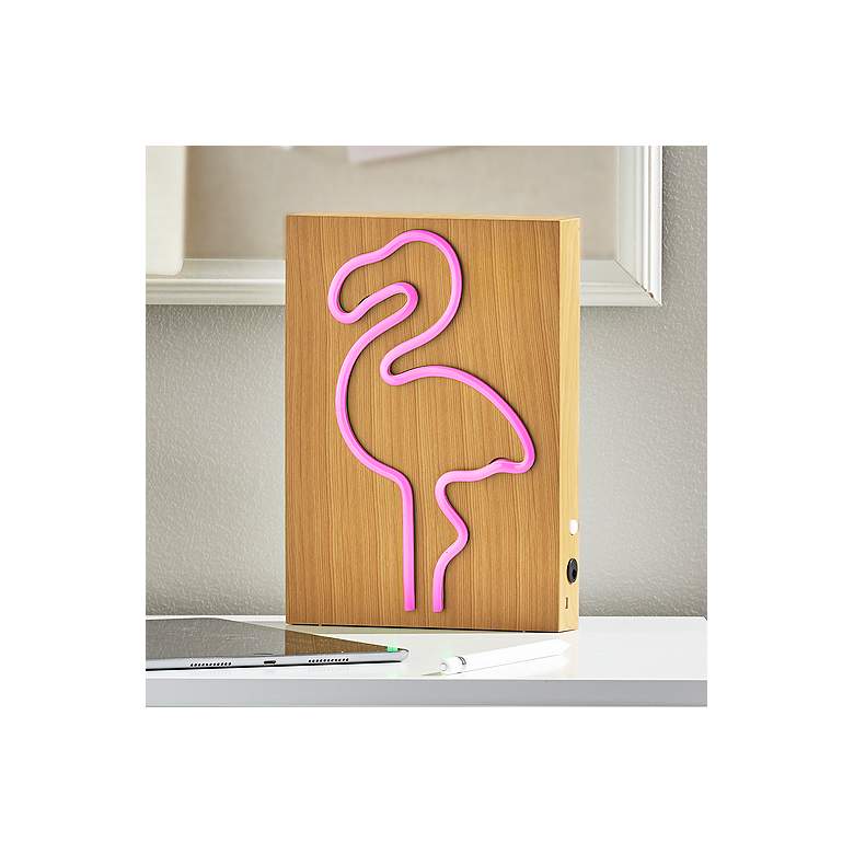 Image 2 Neon 9" High Wood Framed Flamingo LED Accent Table Lamp