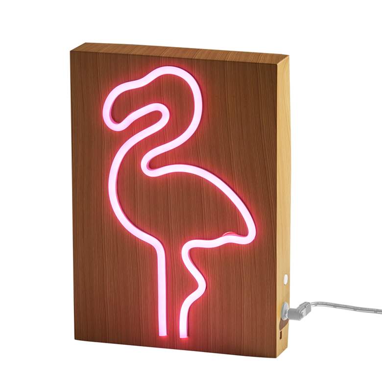 Image 7 Neon 9" High Wood Framed Flamingo LED Accent Table Lamp more views