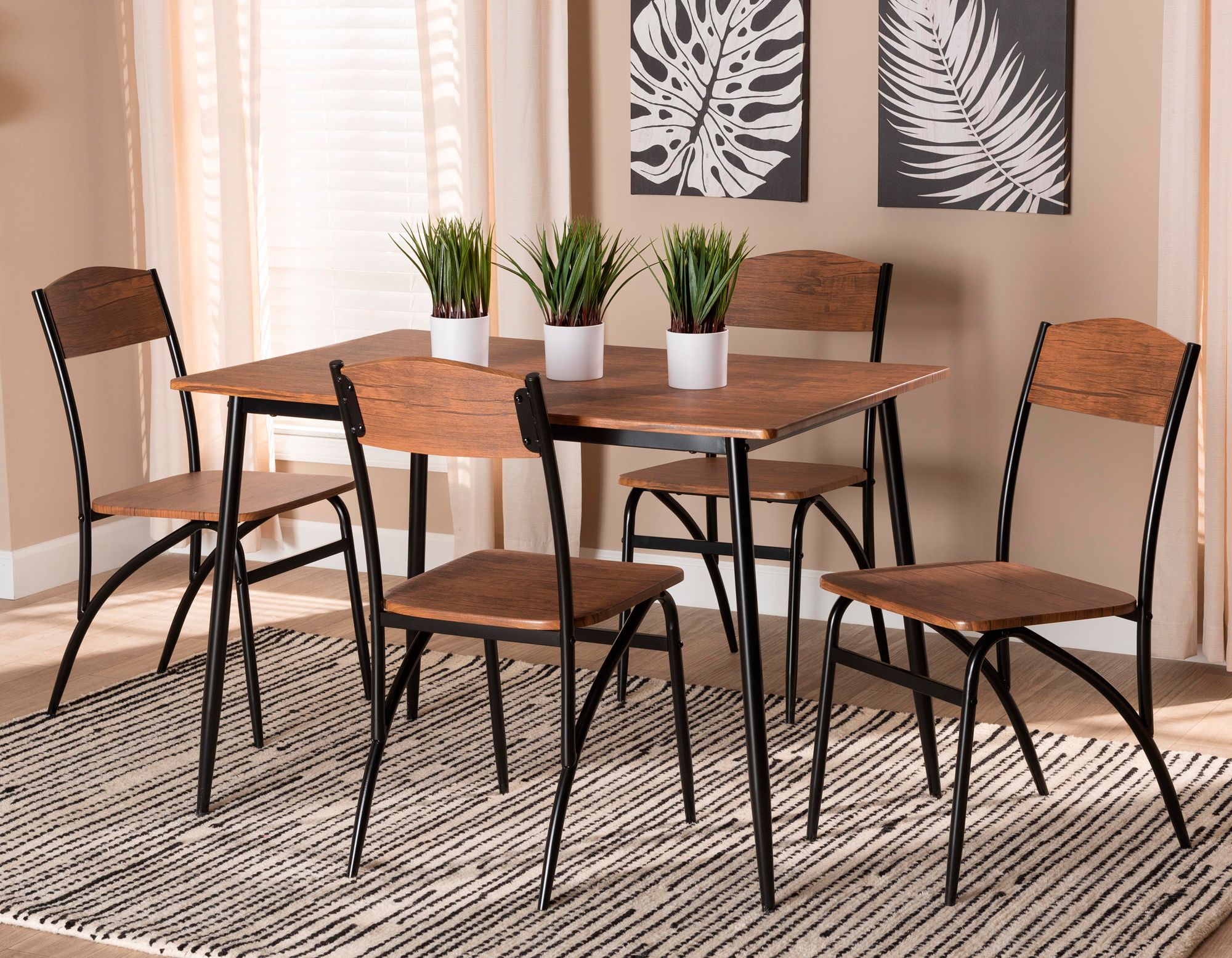 Neona Walnut Brown Wood Black Metal 5 Piece Dining Set 238E5