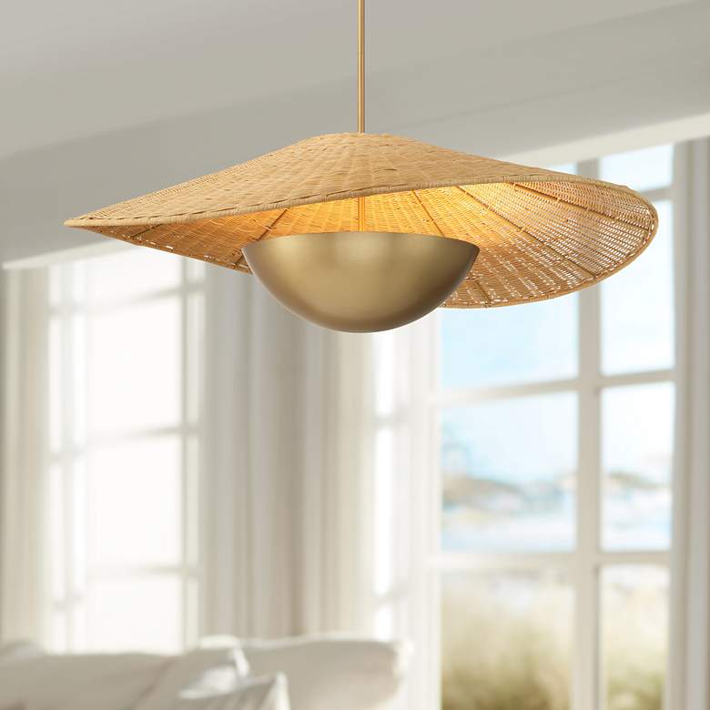 Image 1 Nestor 36" Wide Legacy Brass and Rattan Pendant Light