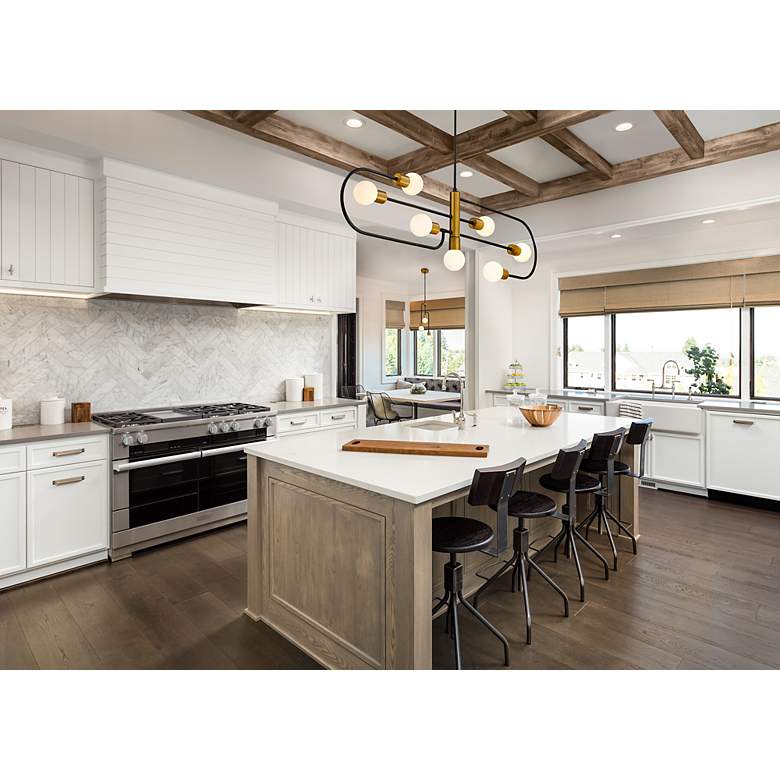 Image 7 Neutra 56"W Matte Black Foundry Brass 7-Light Kitchen Island Pendant more views