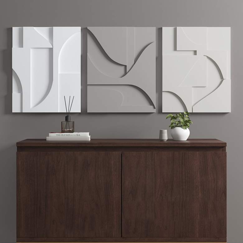 Image 1 Neutral Elements Geometric MDF Wood Carved Wall Decor 3 Piece Set