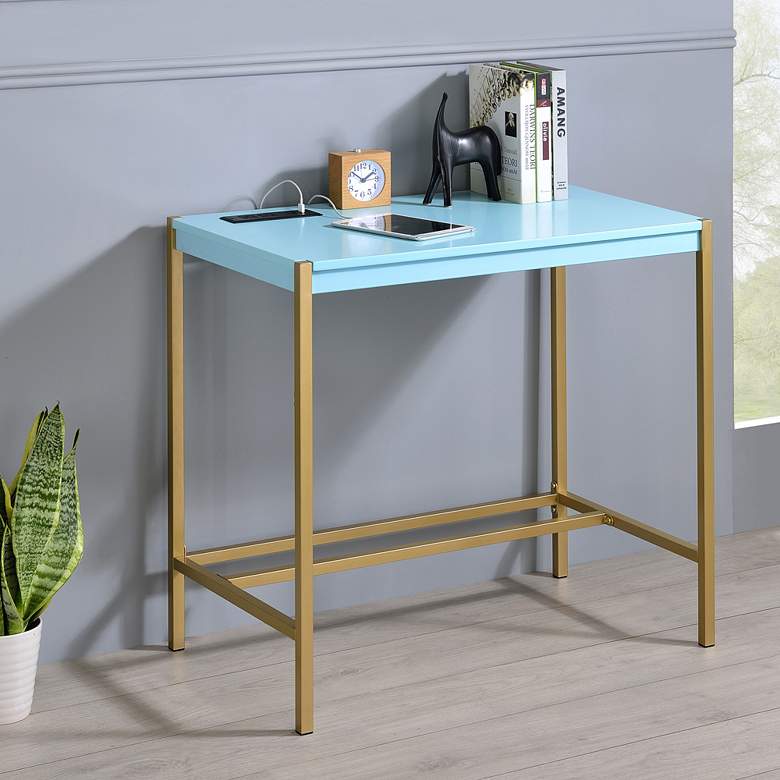 Image 1 Nevinna 30 inchW Gold and Aruba Blue Writing Desk with USB Port