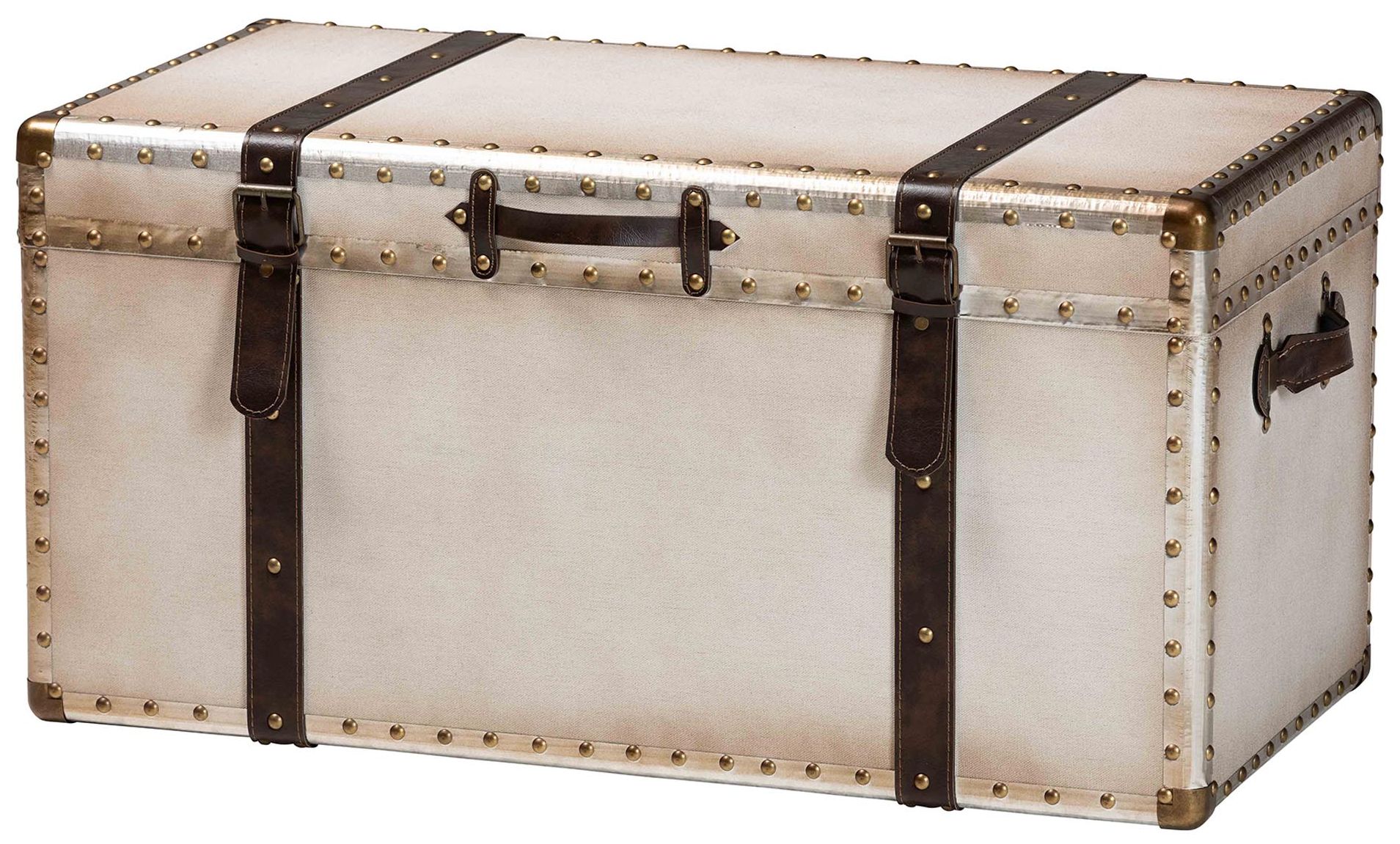 Image 2 Nevio 32" Wide Weathered White Canvas Vintage Storage Trunk
