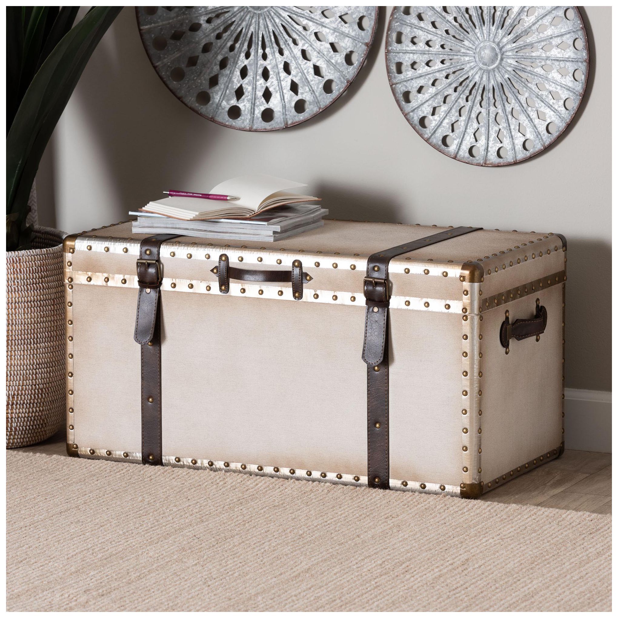 Image 3 Nevio 32" Wide Weathered White Canvas Vintage Storage Trunk more views