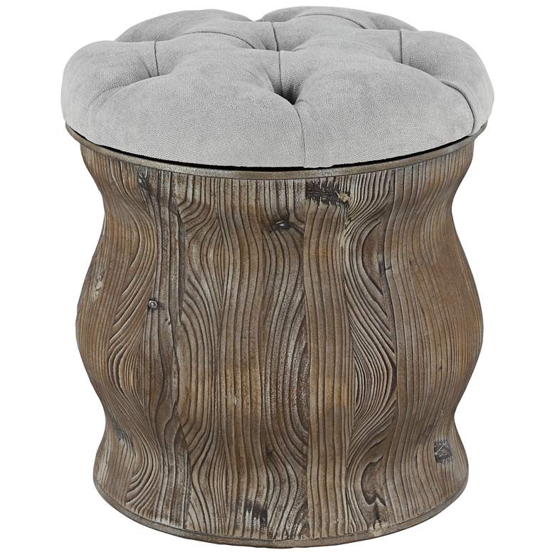 Image 2 Newl Light Gray Tufted Round Wood Ottoman with Storage
