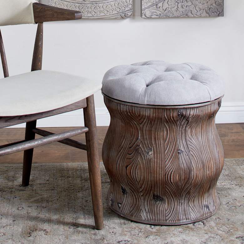 Image 1 Newl Light Gray Tufted Round Wood Ottoman with Storage