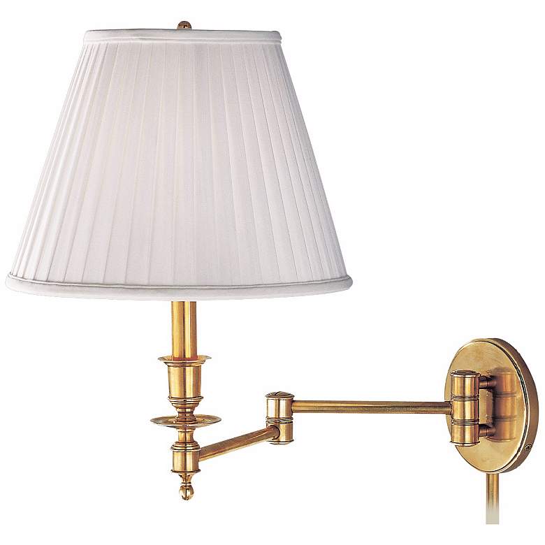 Image 1 Newport Aged Brass Faux Silk Plug-in Swingarm Wall Lamp