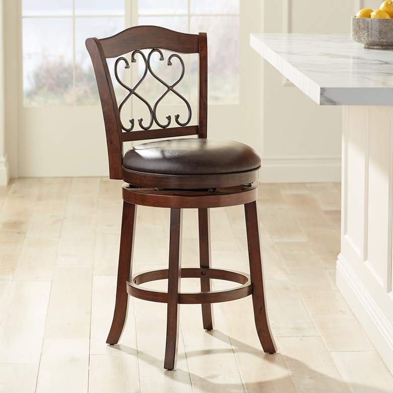 Image 1 Newton 26" Brown Faux Leather and Wood Swivel Counter Stool