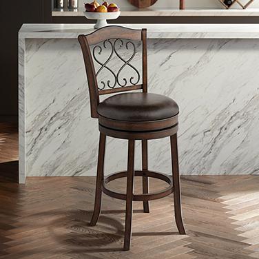 Newton 30" Brown Faux Leather and Wood Swivel Bar Stool