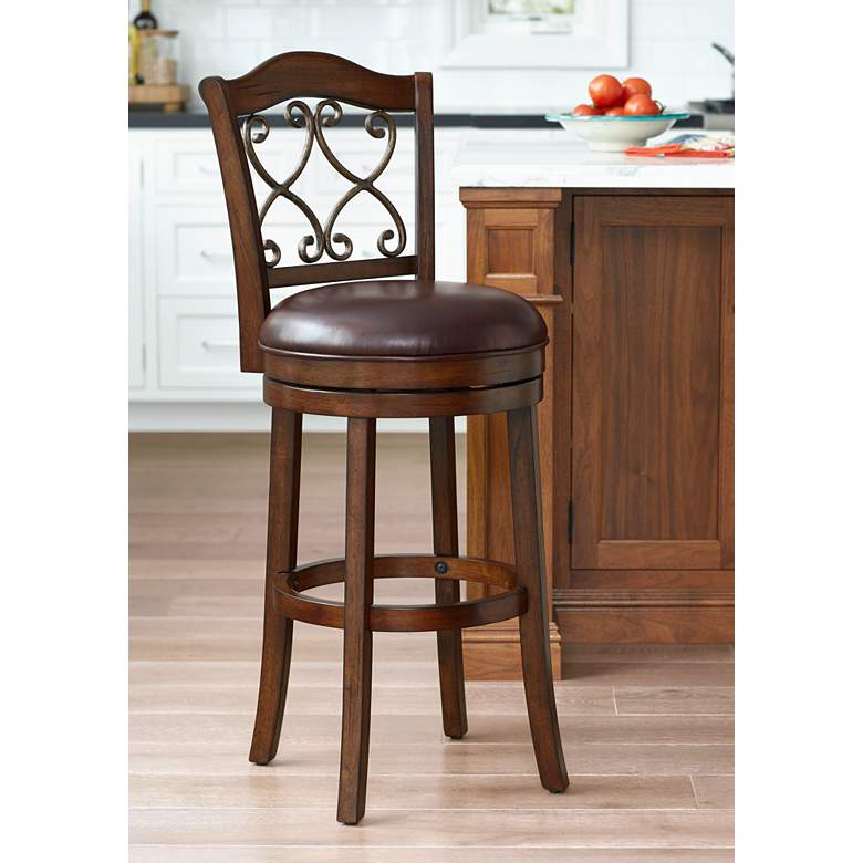 Image 1 Newton 30 inch Brown Faux Leather and Wood Swivel Bar Stool