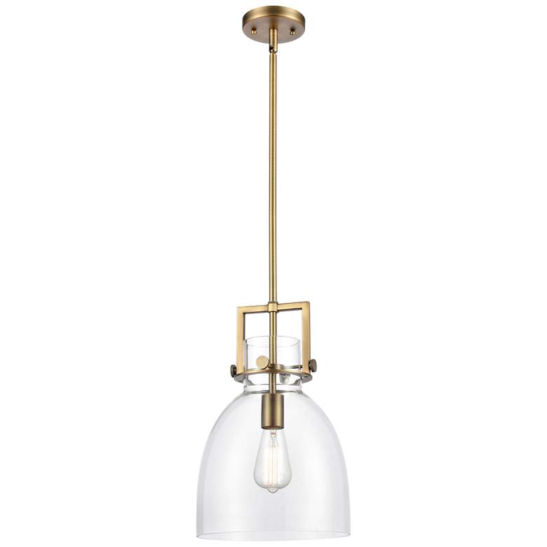 Image 1 Newton Bell 10" Wide Brushed Brass Stem Hung Pendant With Clear Shade