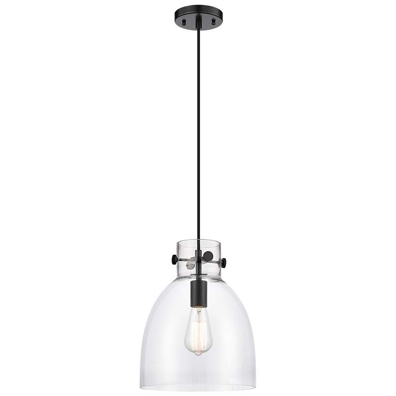 Image 1 Newton Bell 10" Wide Matte Black Cord Hung Pendant With Clear Glass Sh