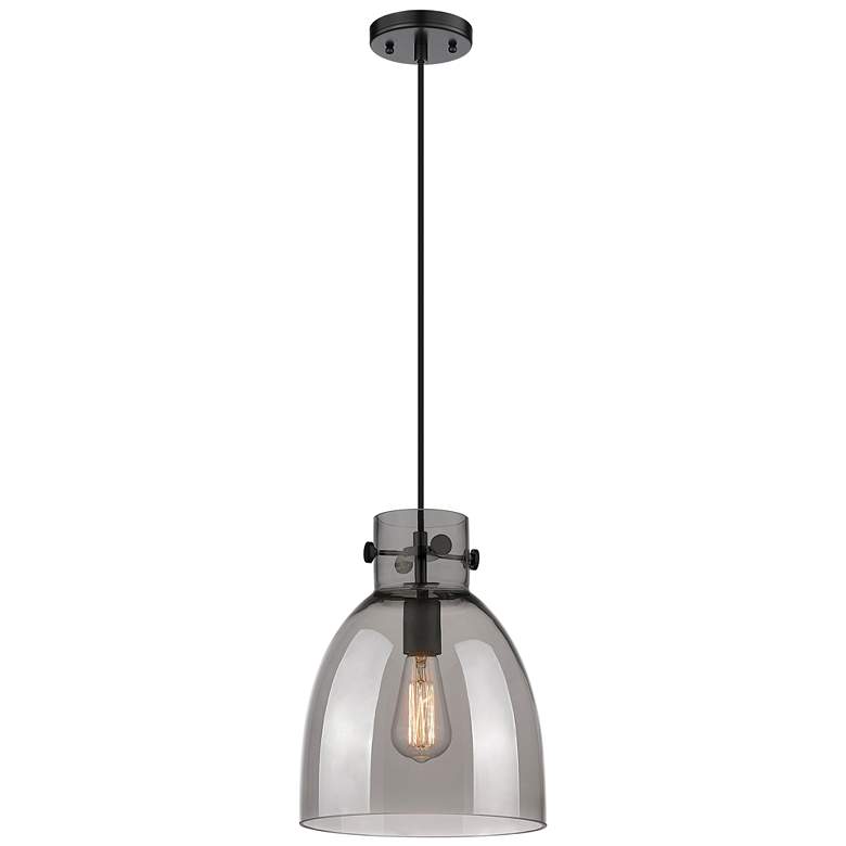 Image 1 Newton Bell 10" Wide Matte Black Cord Hung Pendant With Plated Smoke S