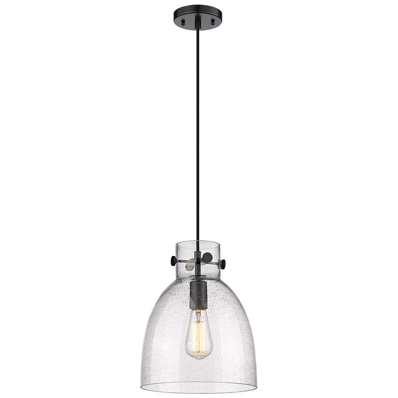 Image 1 Newton Bell 10" Wide Matte Black Cord Hung Pendant With Seedy Glass Sh