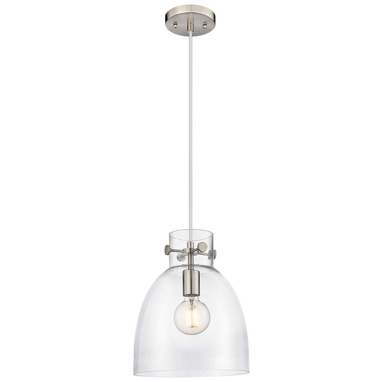 Image 1 Newton Bell 10" Wide Satin Nickel Cord Hung Pendant With Clear Glass S