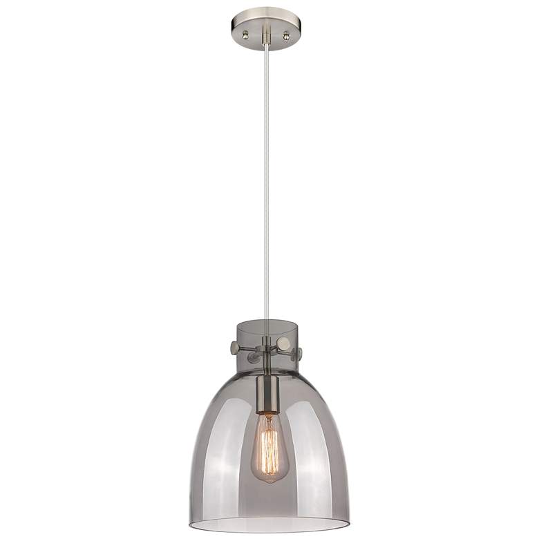 Image 1 Newton Bell 10" Wide Satin Nickel Cord Hung Pendant With Plated Smoke