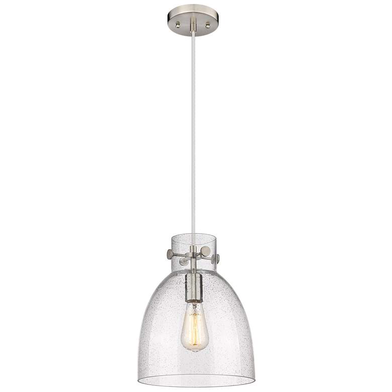 Image 1 Newton Bell 10" Wide Satin Nickel Cord Hung Pendant With Seedy Glass S