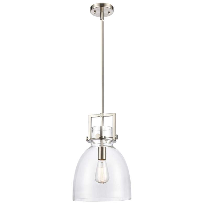Image 1 Newton Bell 10" Wide Satin Nickel Stem Hung Pendant With Clear Shade