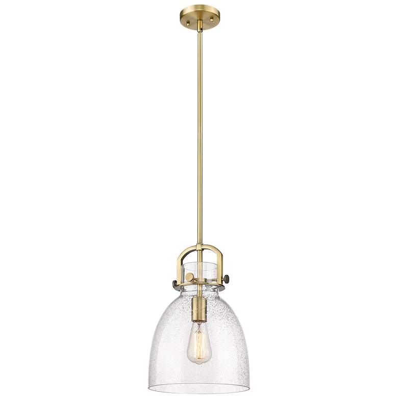 Image 1 Newton Bell 10" Wide Stem Hung Brushed Brass Pendant With Seedy Shade