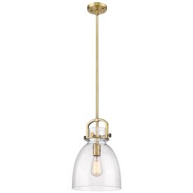 Newton Bell 10" Wide Stem Hung Brushed Brass Pendant With Seedy Shade Newton Bell 10" Wide Stem Hung Brushed Brass Pendant With Seedy Shade