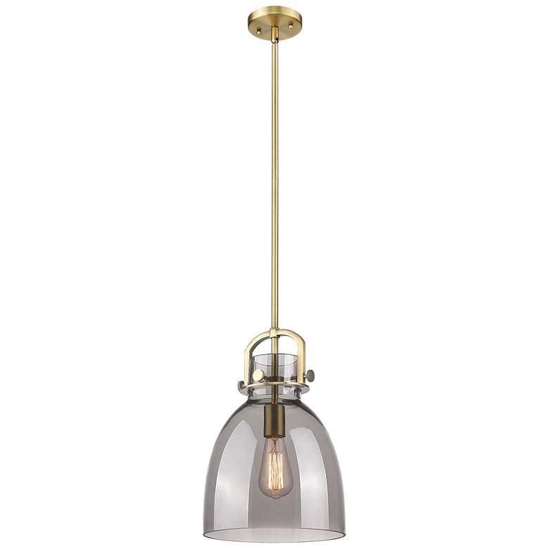 Image 1 Newton Bell 10" Wide Stem Hung Brushed Brass Pendant With Smoke Shade