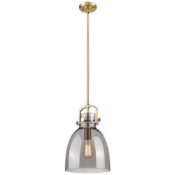 Newton Bell 10" Wide Stem Hung Brushed Brass Pendant With Smoke Shade