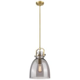 Newton Bell 10" Wide Stem Hung Brushed Brass Pendant With Smoke Shade Newton Bell 10" Wide Stem Hung Brushed Brass Pendant With Smoke Shade