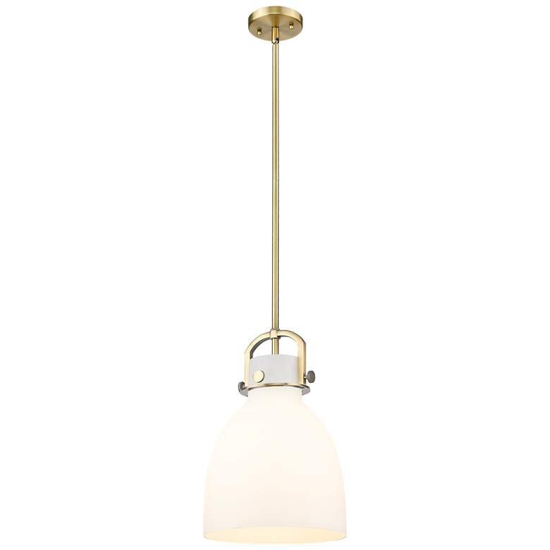 Image 1 Newton Bell 10" Wide Stem Hung Brushed Brass Pendant With White Shade