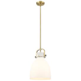 Newton Bell 10" Wide Stem Hung Brushed Brass Pendant With White Shade Newton Bell 10" Wide Stem Hung Brushed Brass Pendant With White Shade