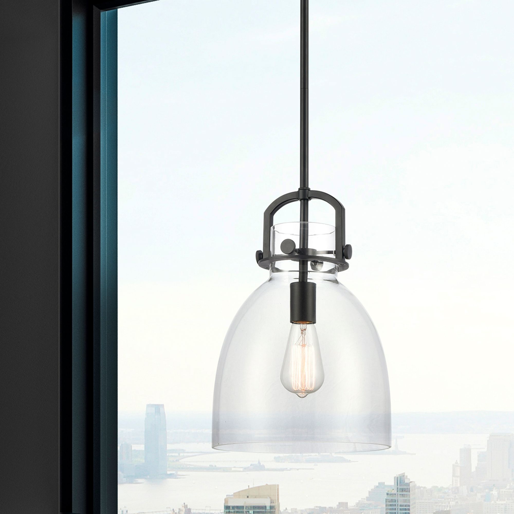 Image 3 Newton Bell 10" Wide Stem Hung Matte Black Pendant With Clear Shade more views