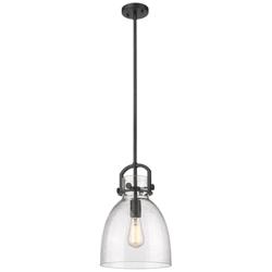 Newton Bell 10" Wide Stem Hung Matte Black Pendant With Seedy Shade