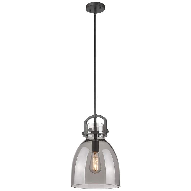Image 1 Newton Bell 10 inch Wide Stem Hung Matte Black Pendant With Smoke Shade