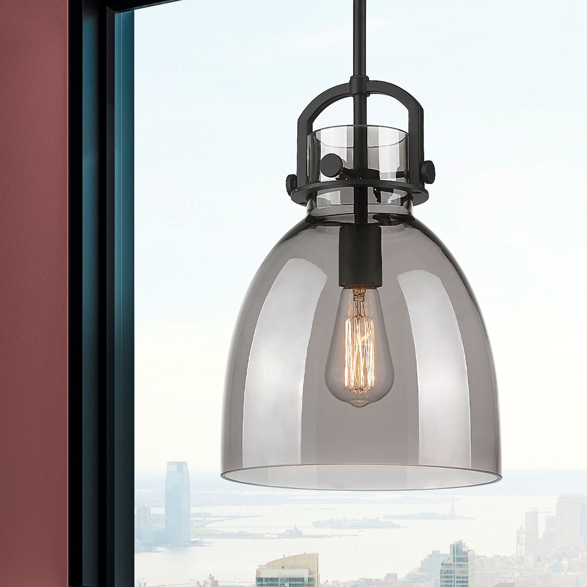 Image 2 Newton Bell 10" Wide Stem Hung Matte Black Pendant With Smoke Shade more views