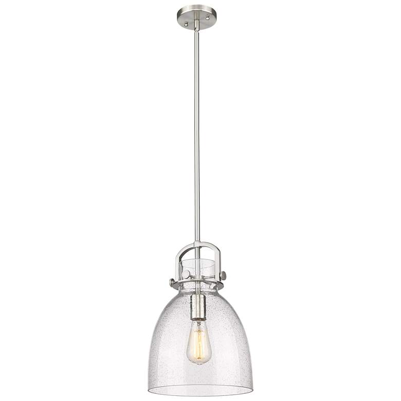 Image 1 Newton Bell 10" Wide Stem Hung Satin Nickel Pendant With Seedy Shade