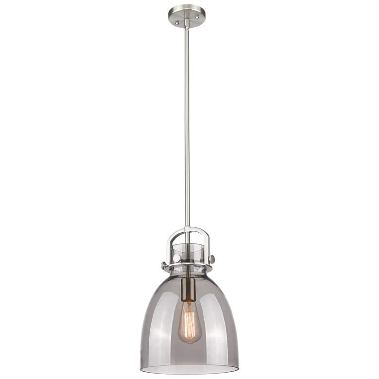 Image 1 Newton Bell 10" Wide Stem Hung Satin Nickel Pendant With Smoke Shade