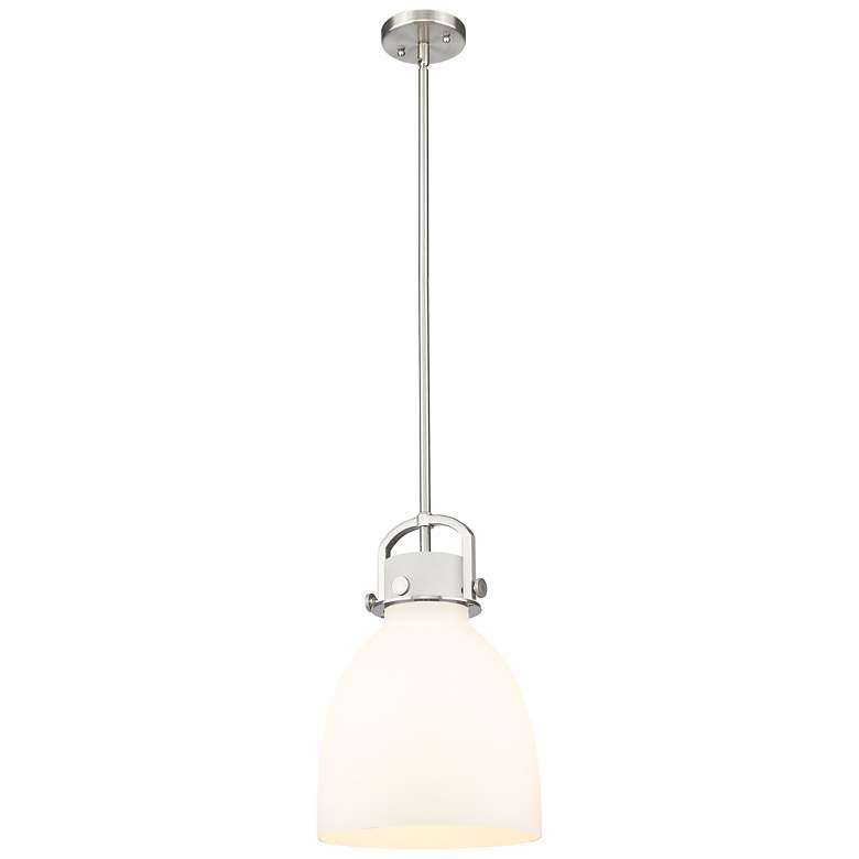 Image 1 Newton Bell 10" Wide Stem Hung Satin Nickel Pendant With White Shade