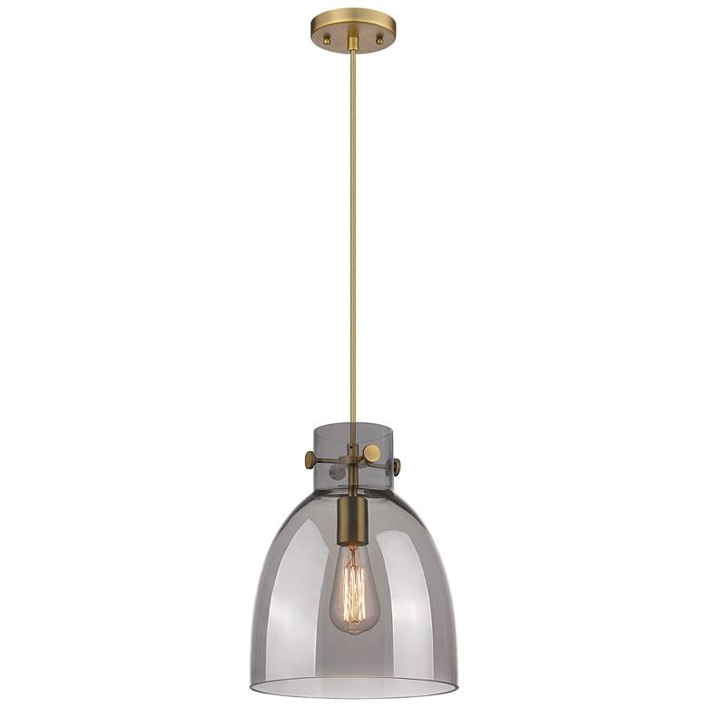 Image 1 Newton Bell 10"W Brushed Brass Cord Hung Pendant With Plated Smoke Sha
