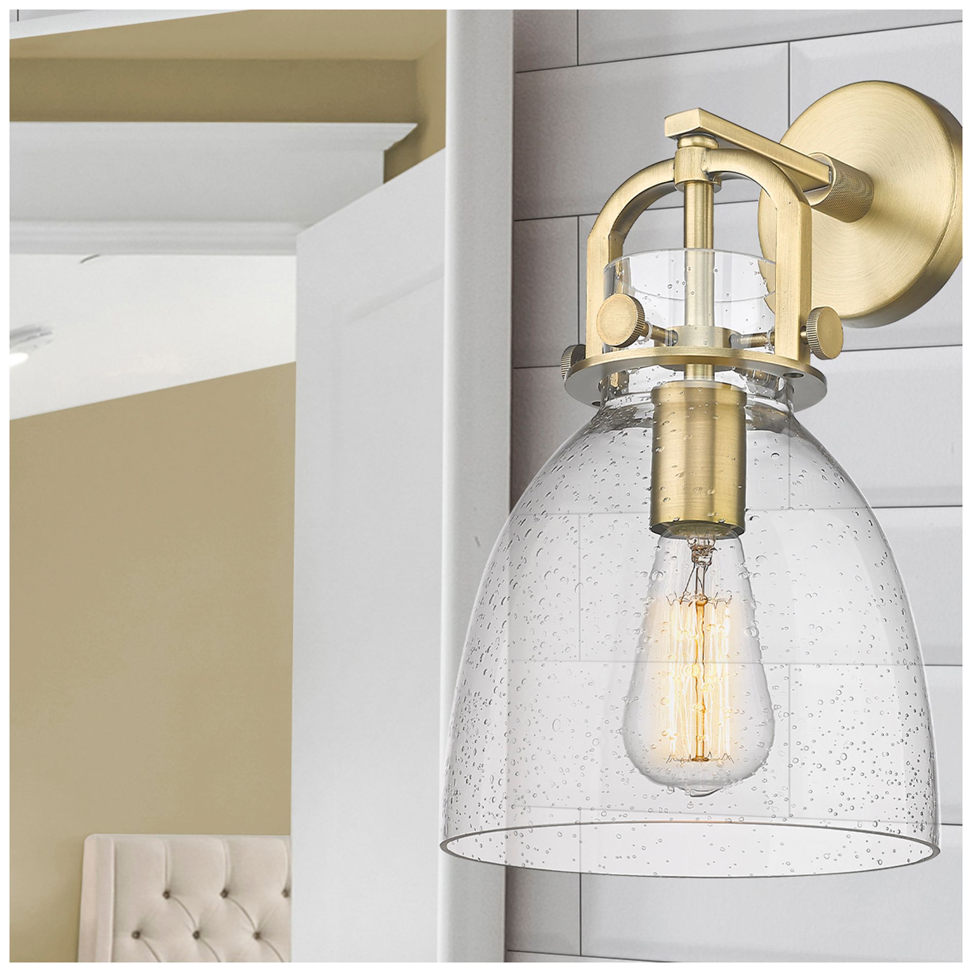 Image 3 Newton Bell 14.5" High Brushed Brass Sconce With Seedy Shade more views