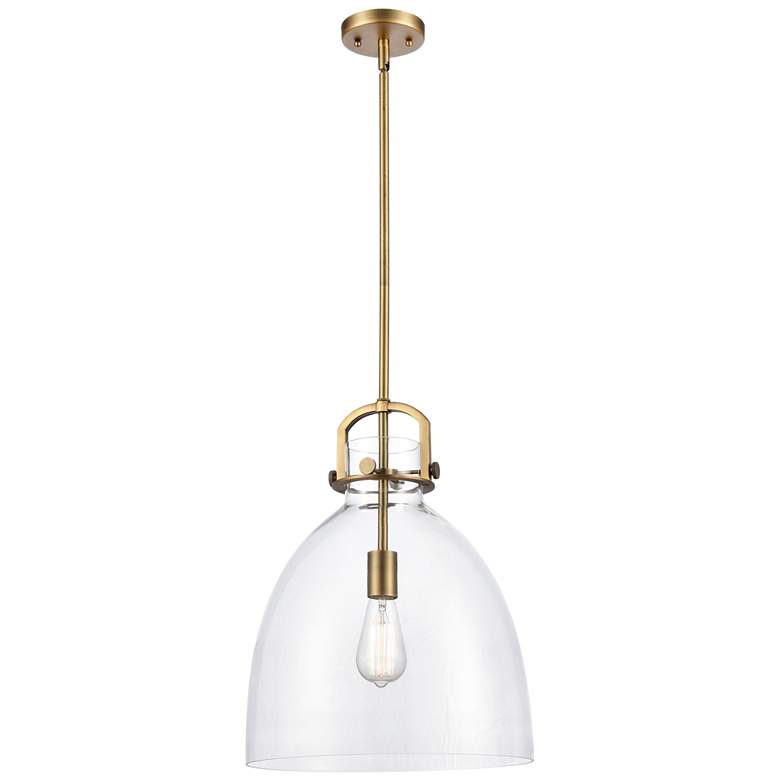 Image 1 Newton Bell 14 inch Brushed Brass LED Stem Hung Pendant With Clear Shade