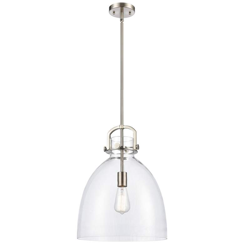 Image 1 Newton Bell 14" Brushed Satin Nickel LED Stem Hung Pendant With Clear