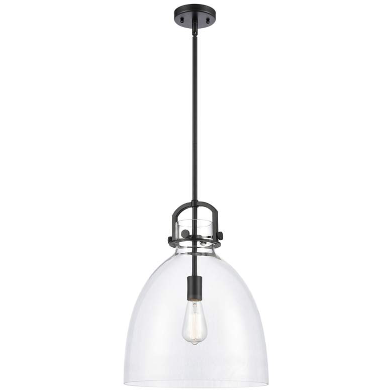 Image 1 Newton Bell 14" Matte Black LED Stem Hung Pendant With Clear Shade